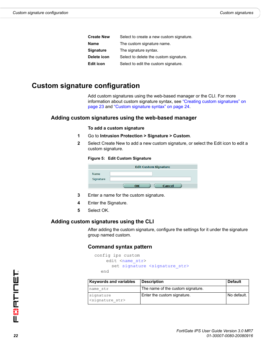 Custom signature configuration, Adding custom signatures using the cli, Command syntax pattern | Fortinet Network Device IPS User Manual | Page 22 / 62