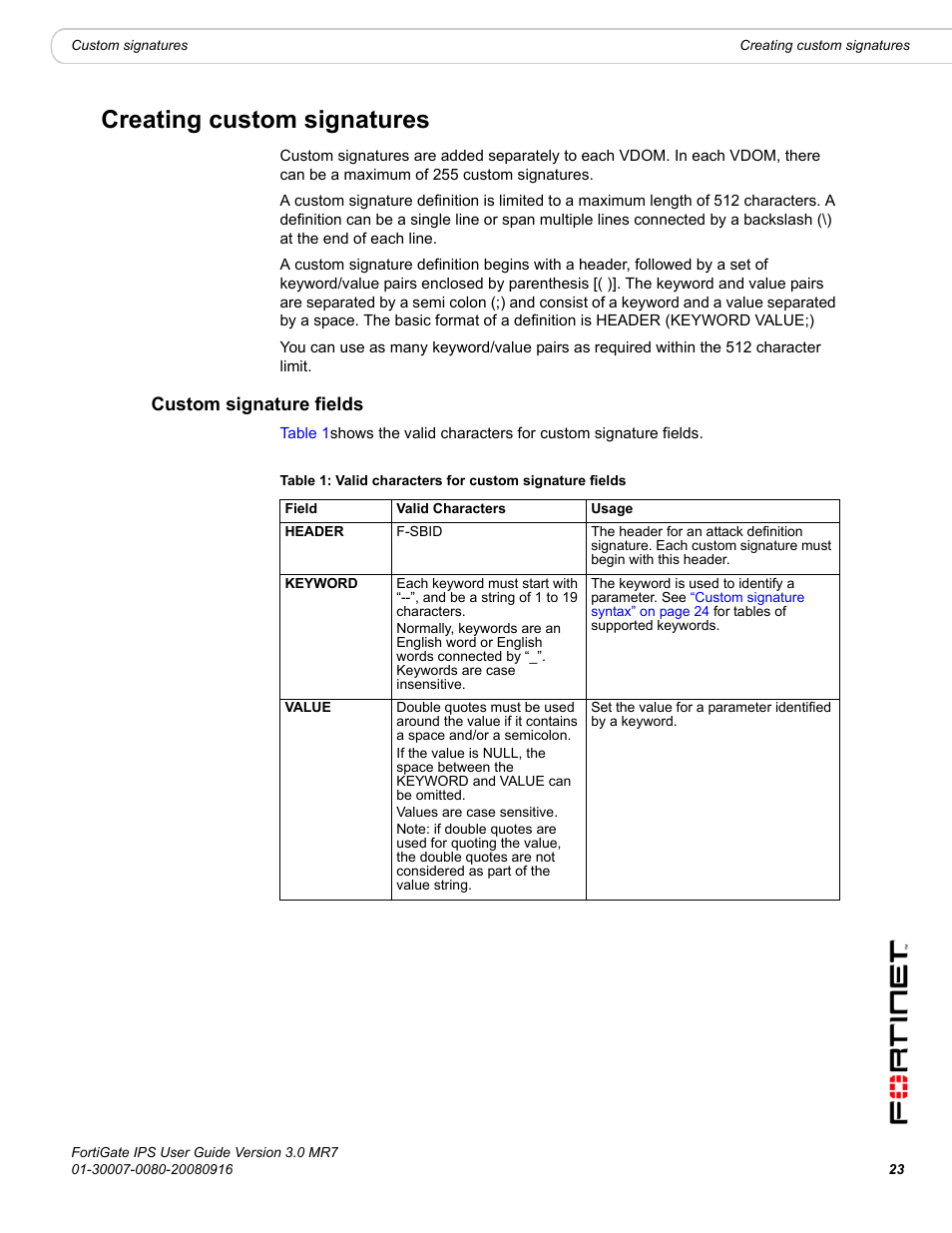 Creating custom signatures, Custom signature fields, Creating custom signatures” on | Fortinet Network Device IPS User Manual | Page 23 / 62