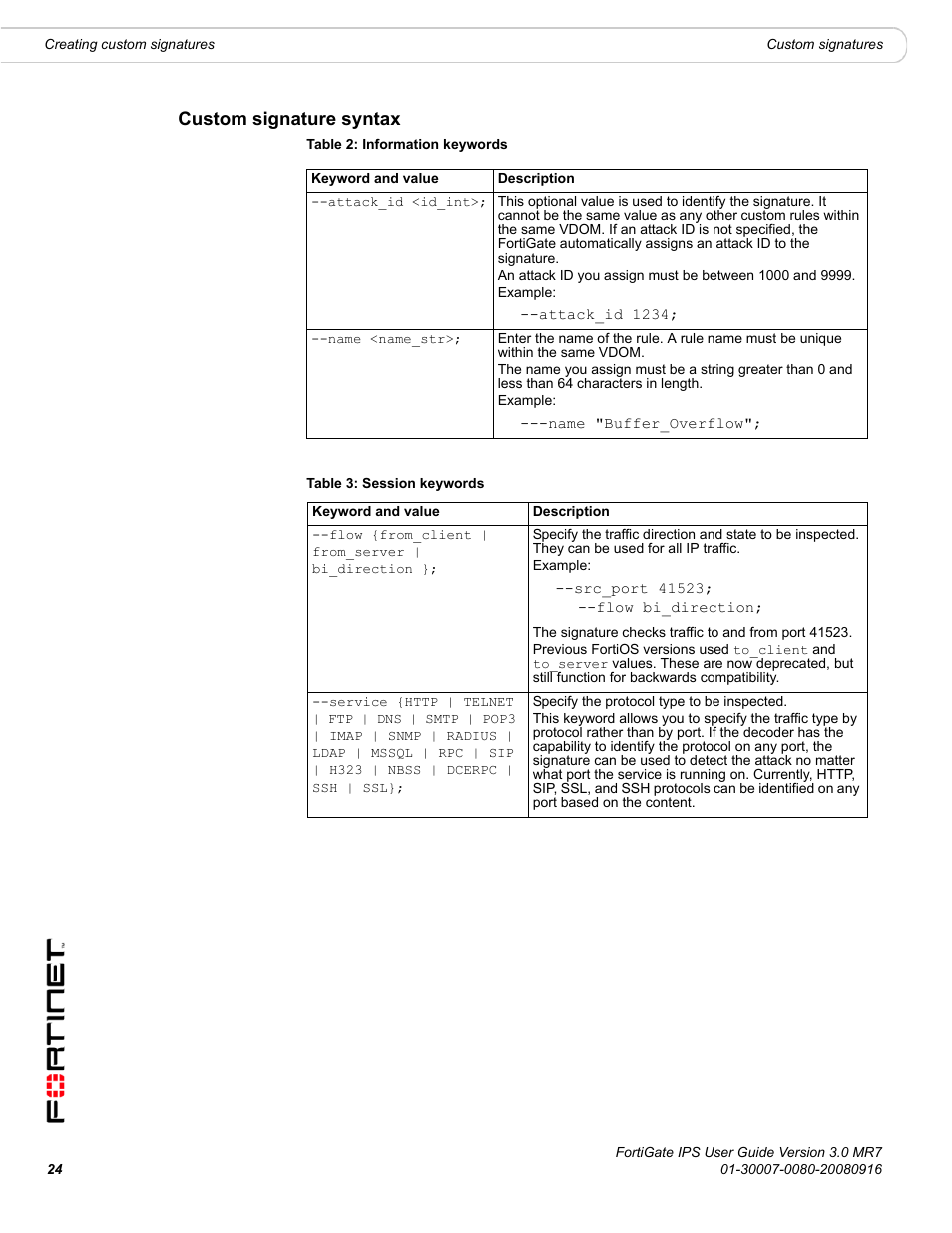 Custom signature syntax | Fortinet Network Device IPS User Manual | Page 24 / 62