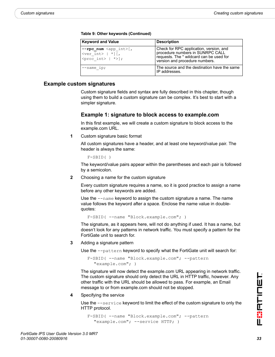 Example custom signatures | Fortinet Network Device IPS User Manual | Page 33 / 62