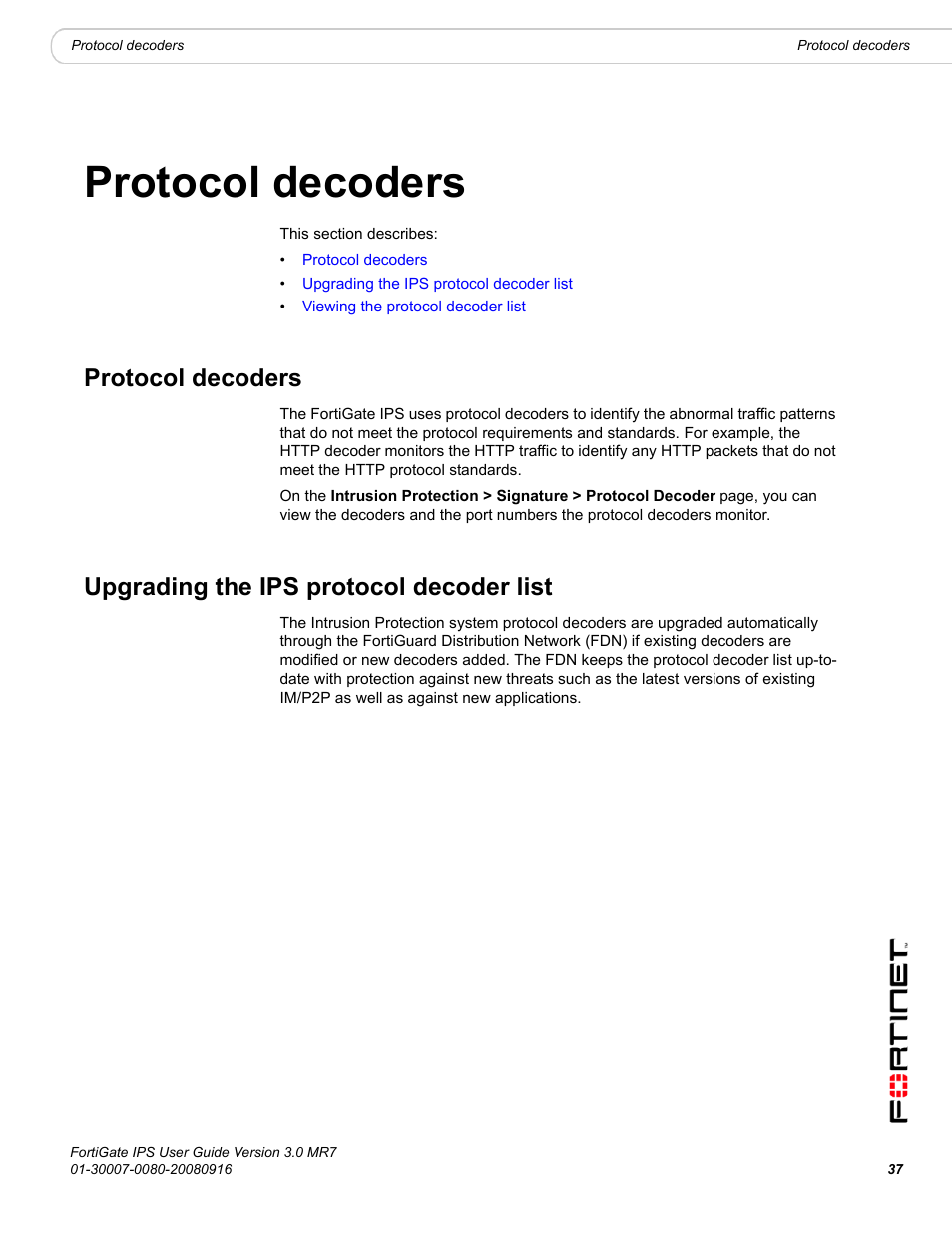 Protocol decoders, Upgrading the ips protocol decoder list | Fortinet Network Device IPS User Manual | Page 37 / 62