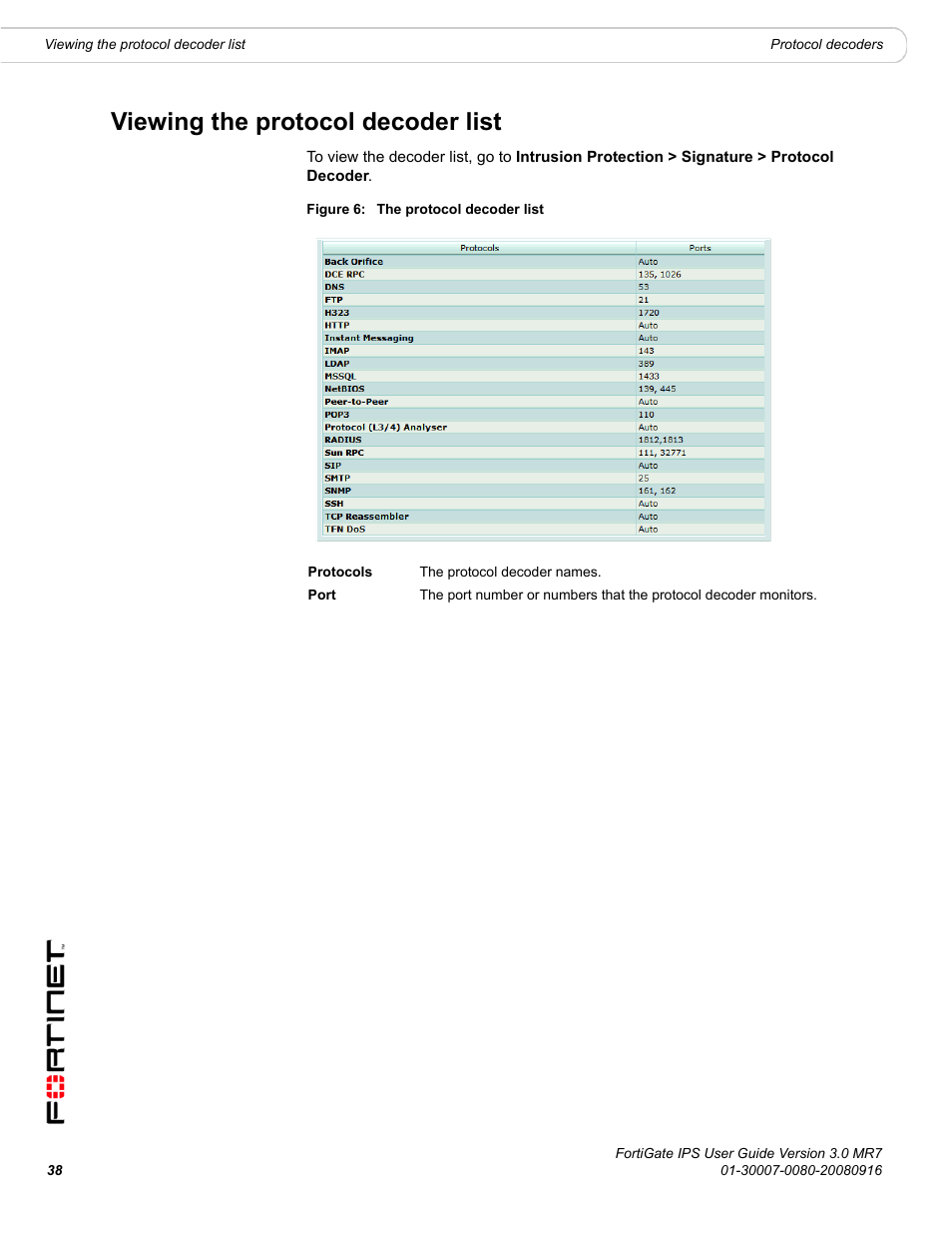 Viewing the protocol decoder list | Fortinet Network Device IPS User Manual | Page 38 / 62