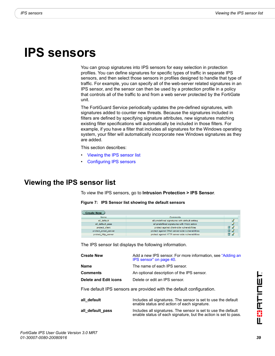 Ips sensors, Viewing the ips sensor list | Fortinet Network Device IPS User Manual | Page 39 / 62