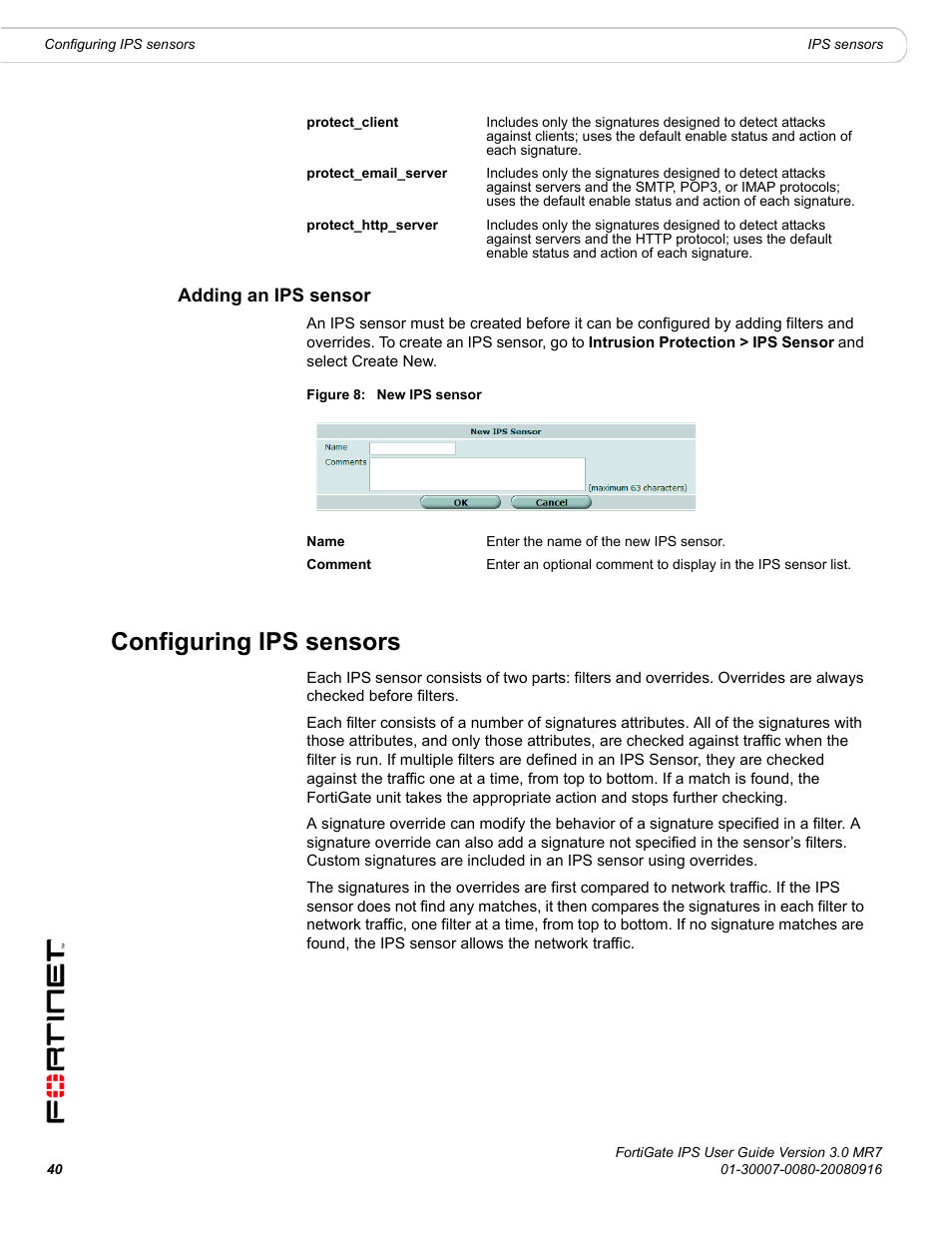 Adding an ips sensor, Configuring ips sensors, Adding an | Fortinet Network Device IPS User Manual | Page 40 / 62