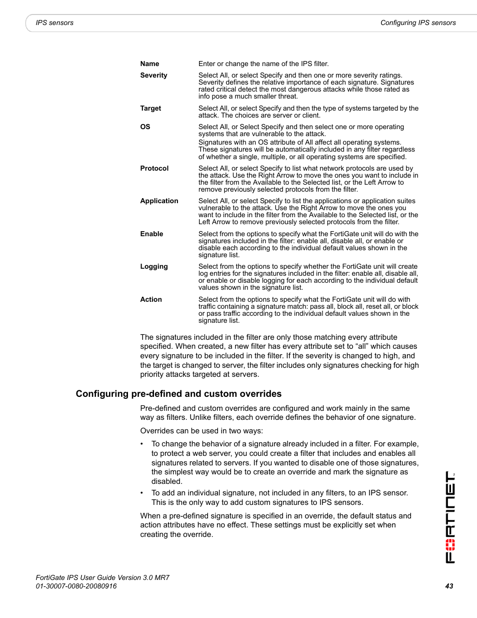 Configuring pre-defined and custom overrides | Fortinet Network Device IPS User Manual | Page 43 / 62