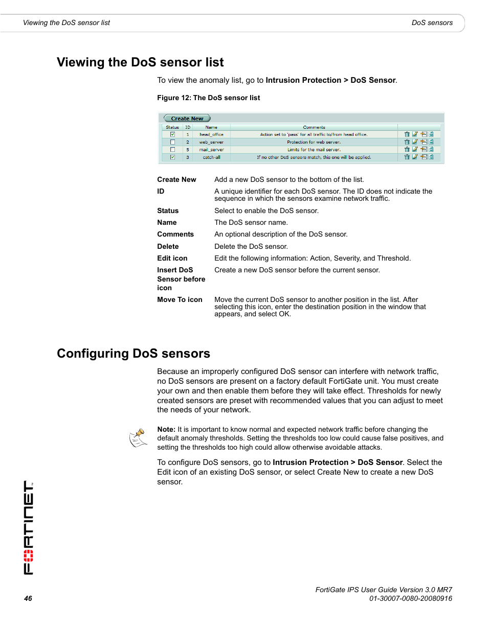 Viewing the dos sensor list, Configuring dos sensors | Fortinet Network Device IPS User Manual | Page 46 / 62