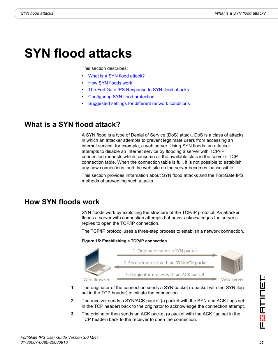 Syn flood attacks, What is a syn flood attack, How syn floods work | Fortinet Network Device IPS User Manual | Page 51 / 62