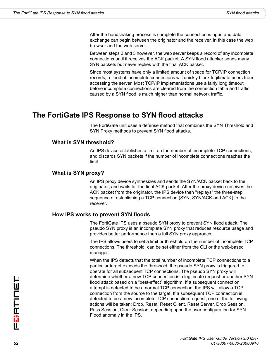 The fortigate ips response to syn flood attacks, What is syn threshold, What is syn proxy | How ips works to prevent syn floods | Fortinet Network Device IPS User Manual | Page 52 / 62