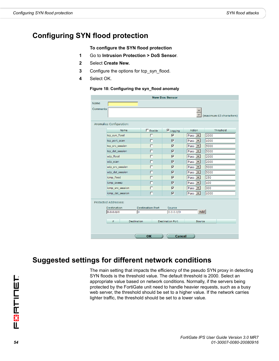 Configuring syn flood protection | Fortinet Network Device IPS User Manual | Page 54 / 62