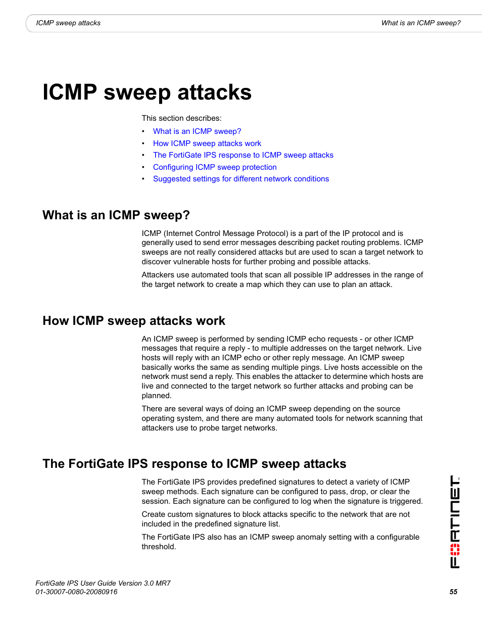 Icmp sweep attacks, What is an icmp sweep, How icmp sweep attacks work | The fortigate ips response to icmp sweep attacks | Fortinet Network Device IPS User Manual | Page 55 / 62