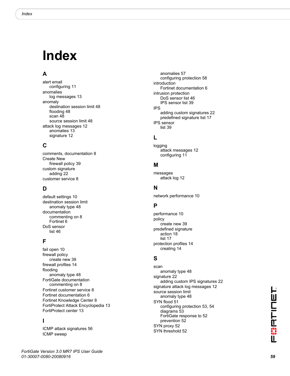 Index | Fortinet Network Device IPS User Manual | Page 59 / 62