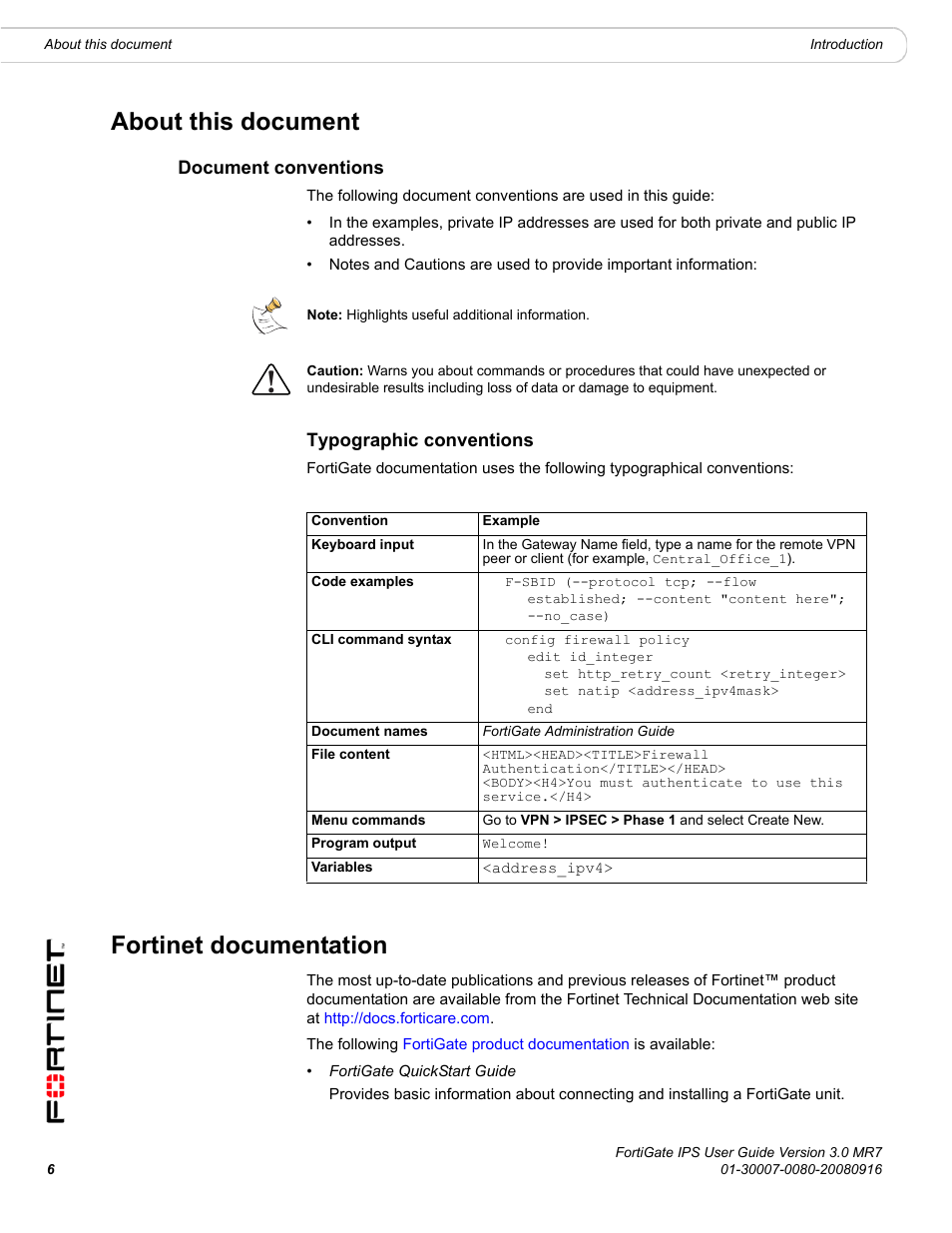 About this document, Document conventions, Typographic conventions | Fortinet documentation | Fortinet Network Device IPS User Manual | Page 6 / 62