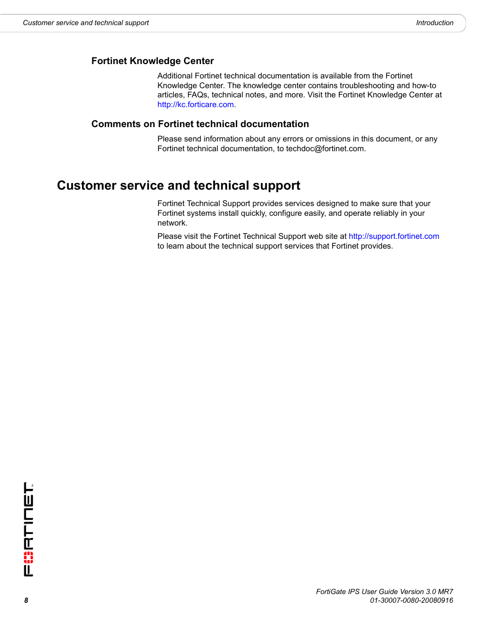 Fortinet knowledge center, Comments on fortinet technical documentation, Customer service and technical support | Fortinet Network Device IPS User Manual | Page 8 / 62