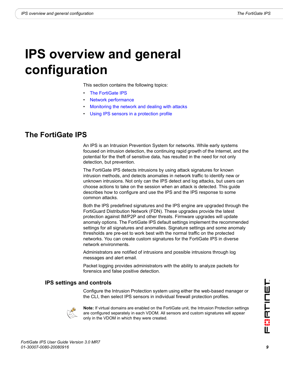 Ips overview and general configuration, The fortigate ips, Ips settings and controls | Fortinet Network Device IPS User Manual | Page 9 / 62