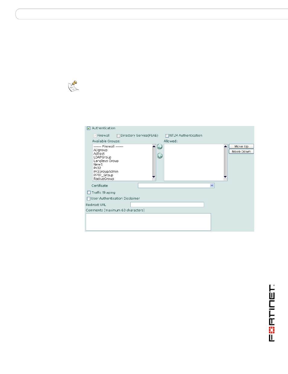 Configuring authentication for a firewall policy | Fortinet FortiGate v3.0 MR7 User Manual | Page 49 / 66