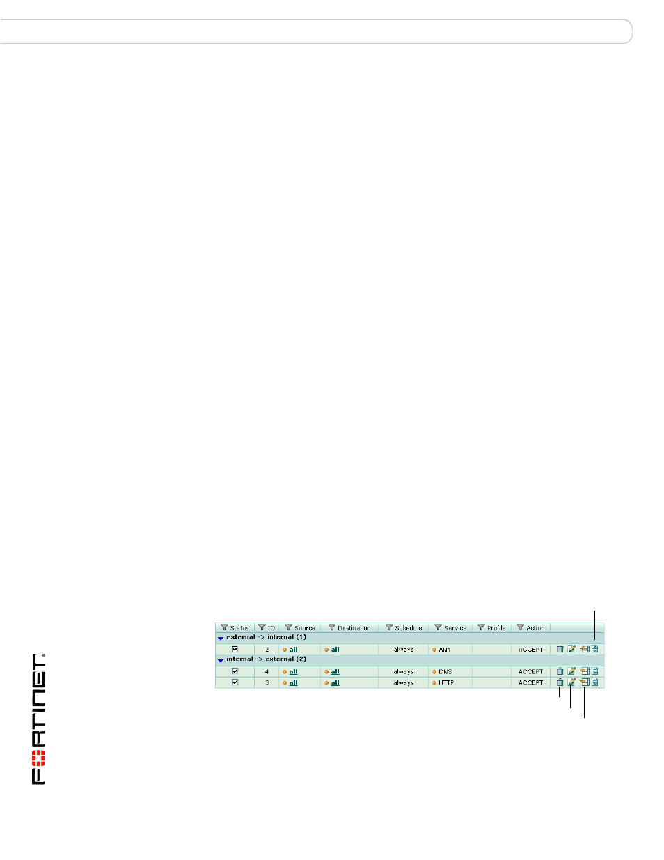 Firewall policy order | Fortinet FortiGate v3.0 MR7 User Manual | Page 50 / 66