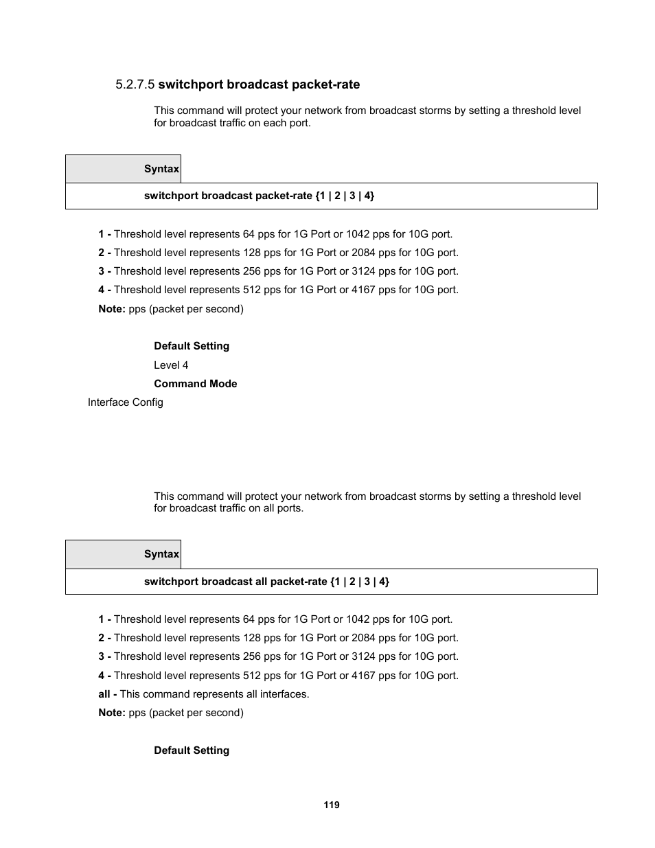 5 switchport broadcast packet-rate | Fortinet MR1 User Manual | Page 119 / 640