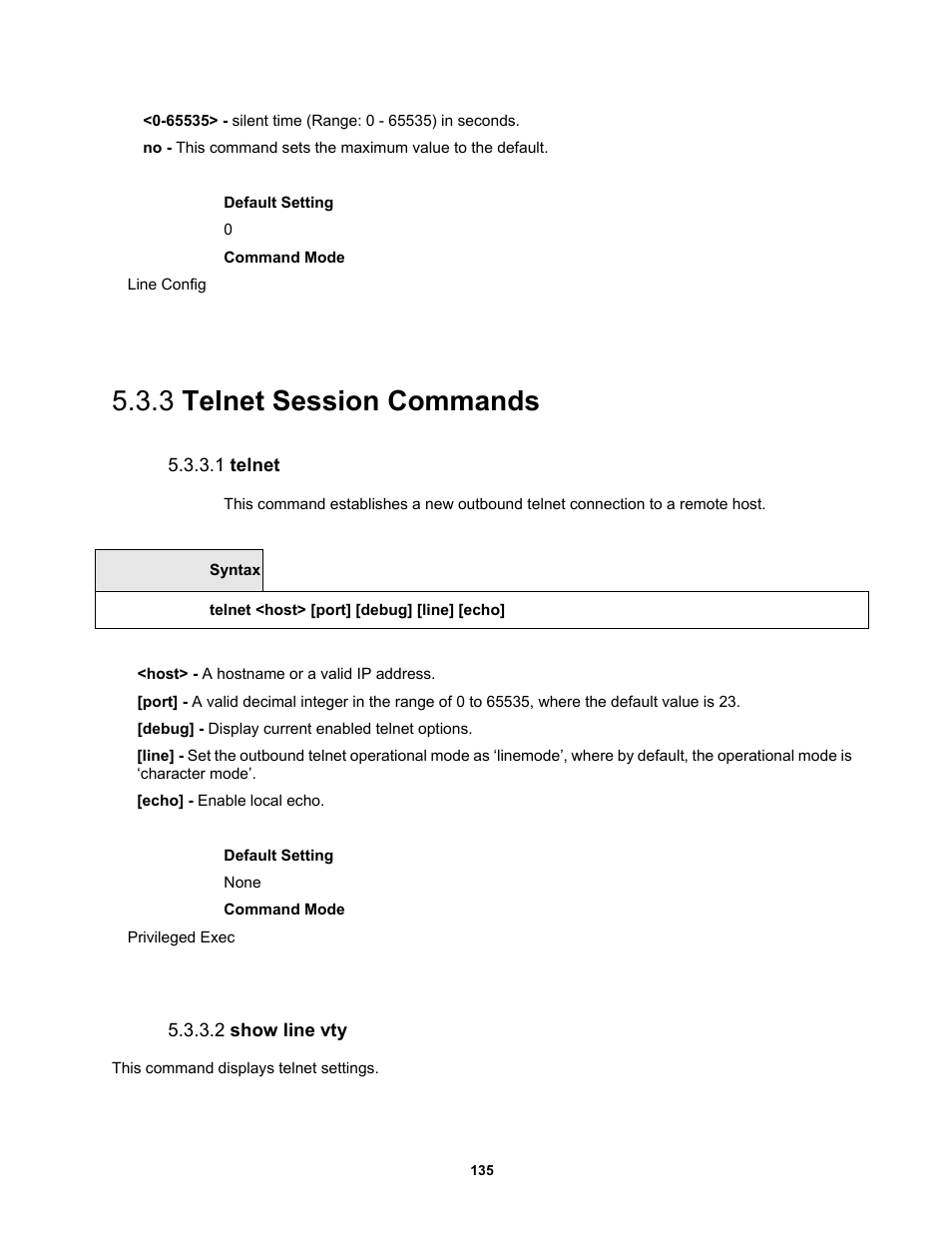 3 telnet session commands, 1 telnet, 2 show line vty | Fortinet MR1 User Manual | Page 135 / 640