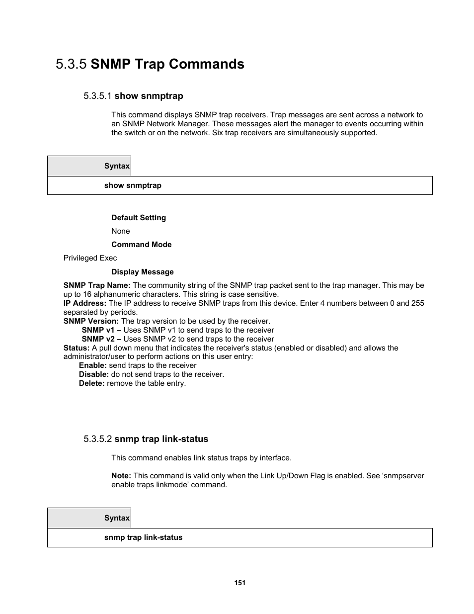 5 snmp trap commands, 1 show snmptrap, 2 snmp trap link-status | Fortinet MR1 User Manual | Page 151 / 640