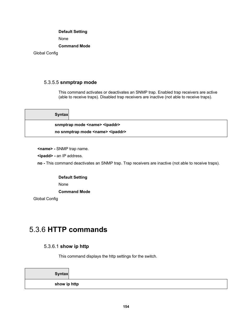 5 snmptrap mode, 6 http commands, 1 show ip http | Fortinet MR1 User Manual | Page 154 / 640