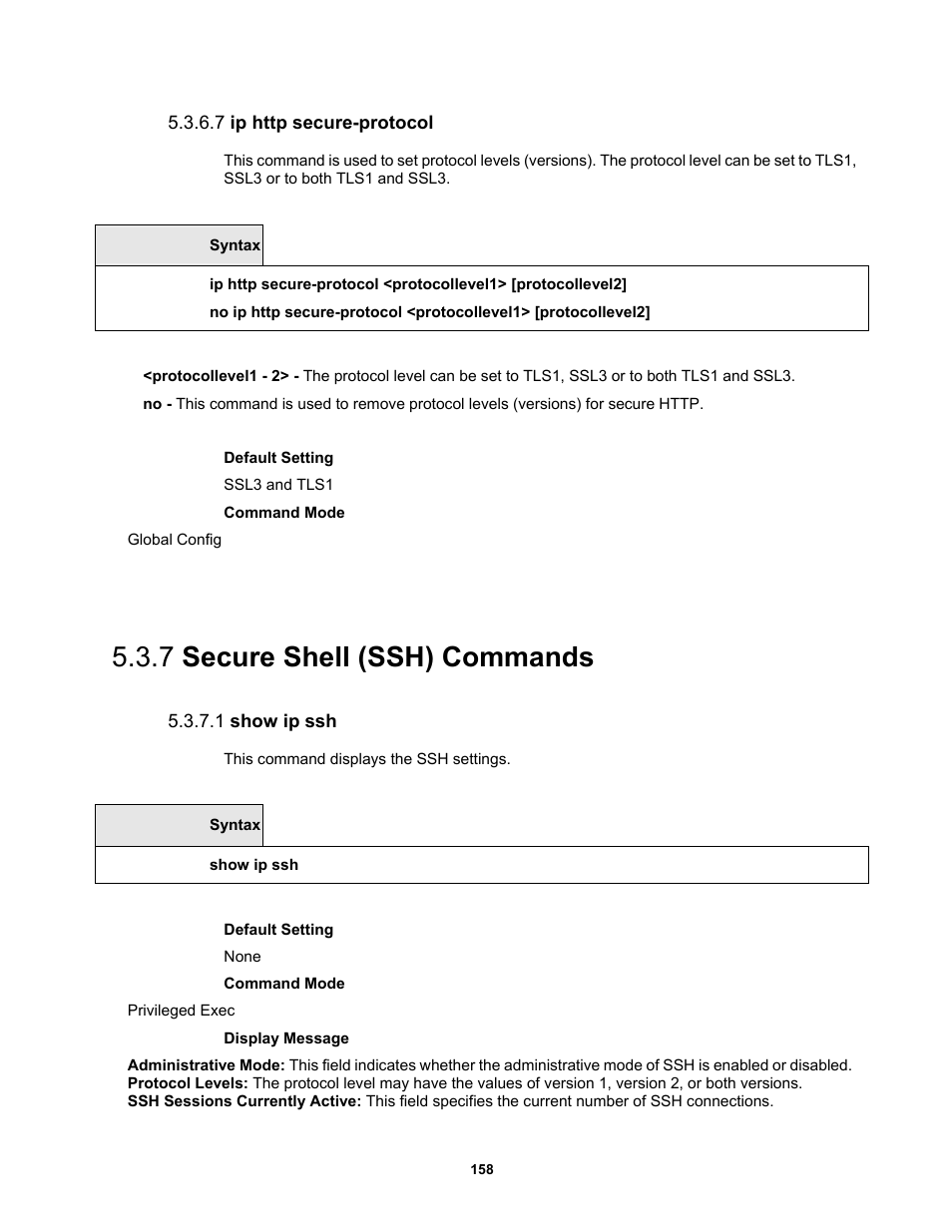 7 ip http secure-protocol, 7 secure shell (ssh) commands, 1 show ip ssh | Fortinet MR1 User Manual | Page 158 / 640