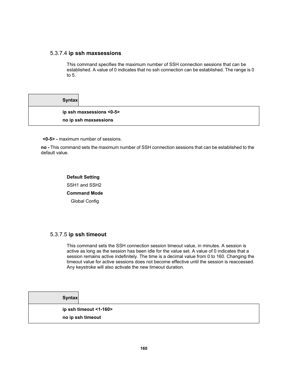 4 ip ssh maxsessions, 5 ip ssh timeout | Fortinet MR1 User Manual | Page 160 / 640