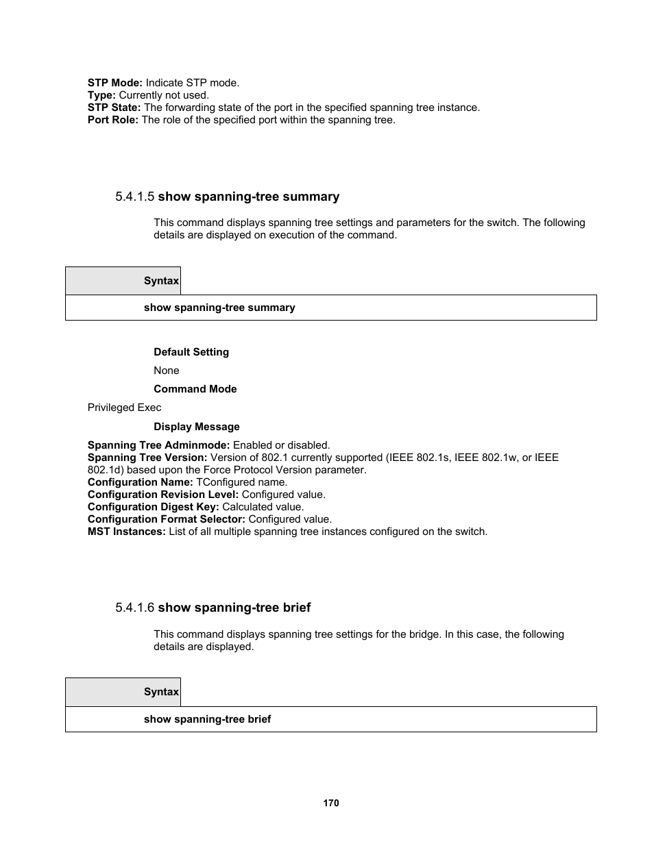 5 show spanning-tree summary, 6 show spanning-tree brief | Fortinet MR1 User Manual | Page 170 / 640