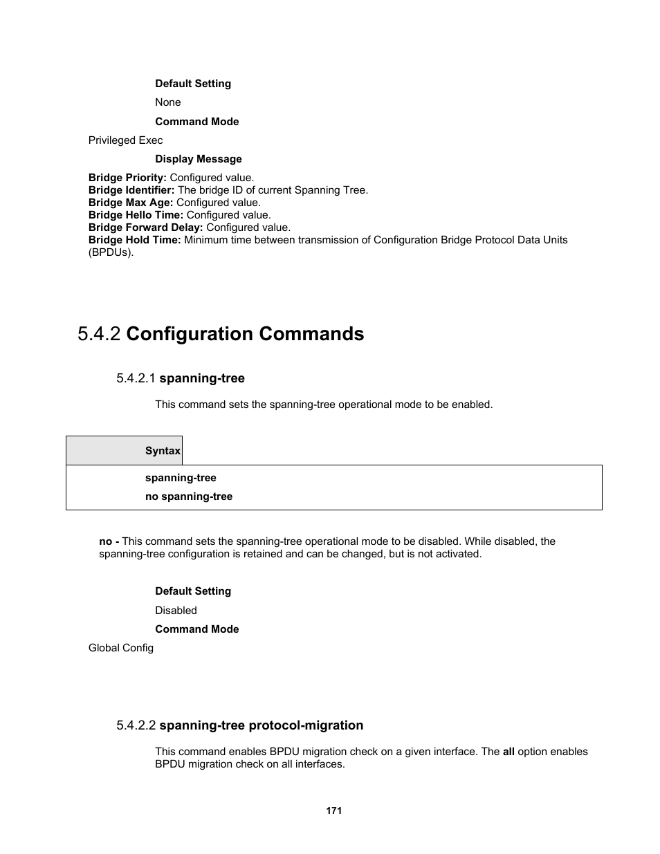 2 configuration commands, 1 spanning-tree, 2 spanning-tree protocol-migration | Fortinet MR1 User Manual | Page 171 / 640