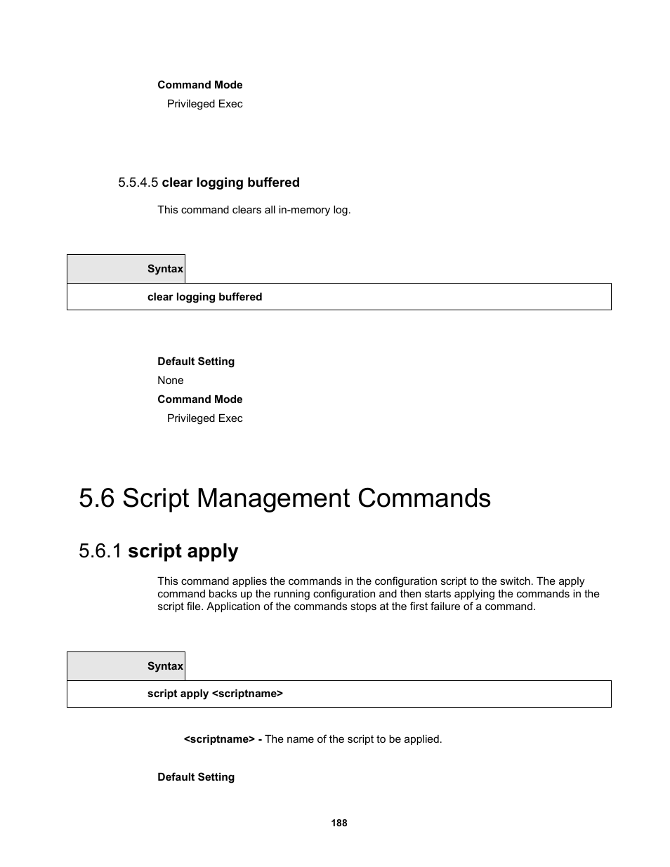 5 clear logging buffered, 6 script management commands, 1 script apply | Fortinet MR1 User Manual | Page 188 / 640