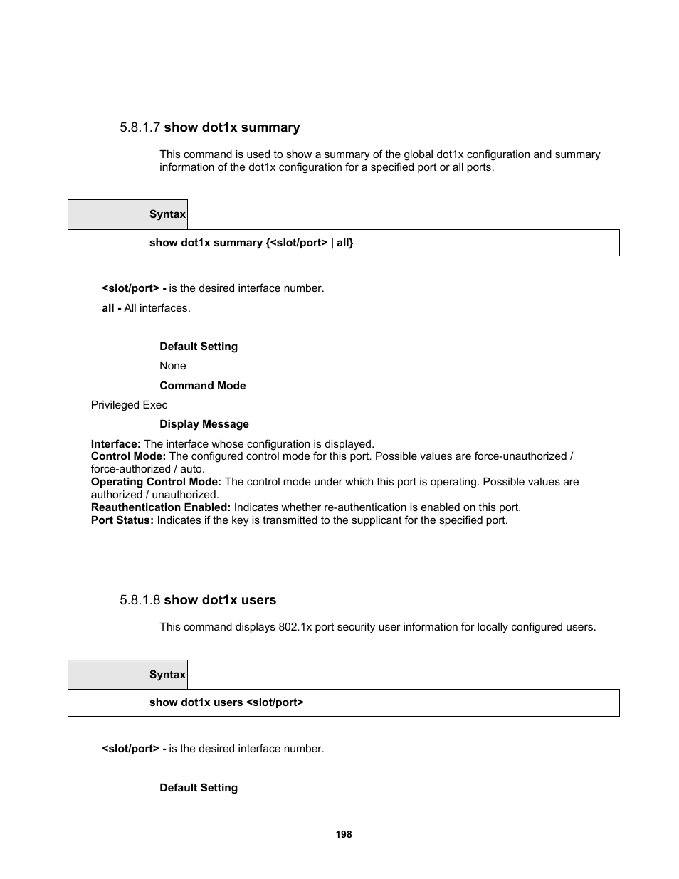 7 show dot1x summary, 8 show dot1x users | Fortinet MR1 User Manual | Page 198 / 640