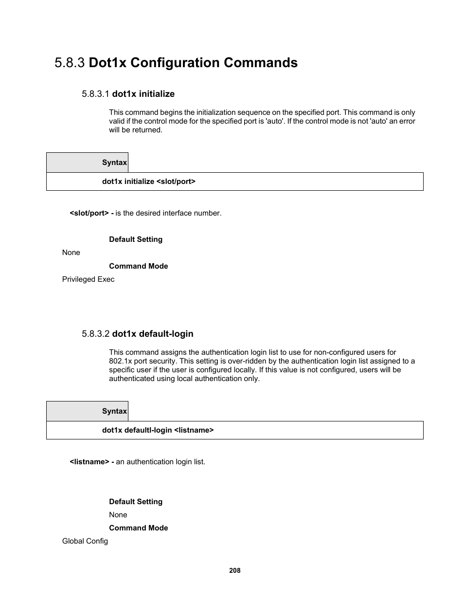 3 dot1x configuration commands, 1 dot1x initialize, 2 dot1x default-login | Fortinet MR1 User Manual | Page 208 / 640