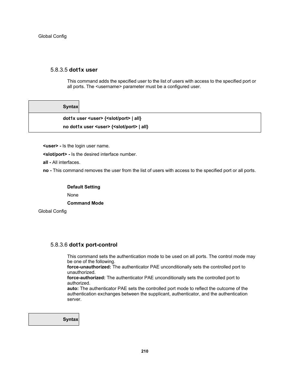 5 dot1x user, 6 dot1x port-control | Fortinet MR1 User Manual | Page 210 / 640