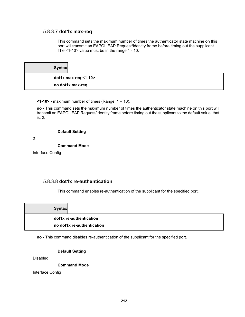 7 dot1x max-req, 8 dot1x re-authentication | Fortinet MR1 User Manual | Page 212 / 640