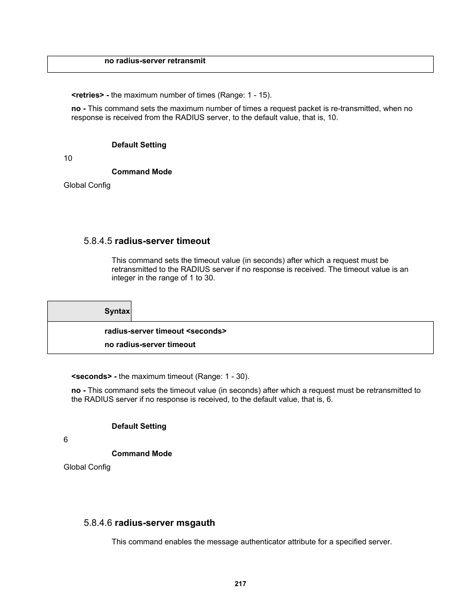 5 radius-server timeout, 6 radius-server msgauth | Fortinet MR1 User Manual | Page 217 / 640