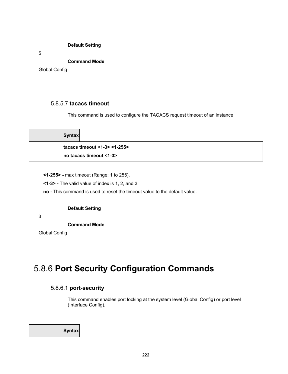 7 tacacs timeout, 6 port security configuration commands, 1 port-security | Fortinet MR1 User Manual | Page 222 / 640