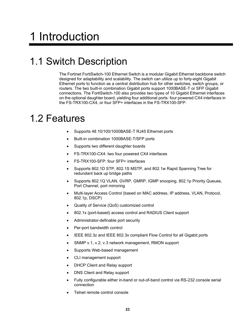 1 introduction, 1 switch description, 2 features | Fortinet MR1 User Manual | Page 23 / 640