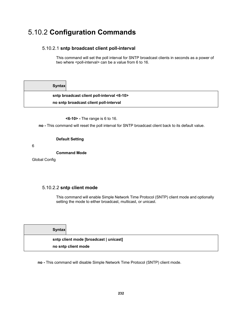 2 configuration commands, 1 sntp broadcast client poll-interval, 2 sntp client mode | Fortinet MR1 User Manual | Page 232 / 640