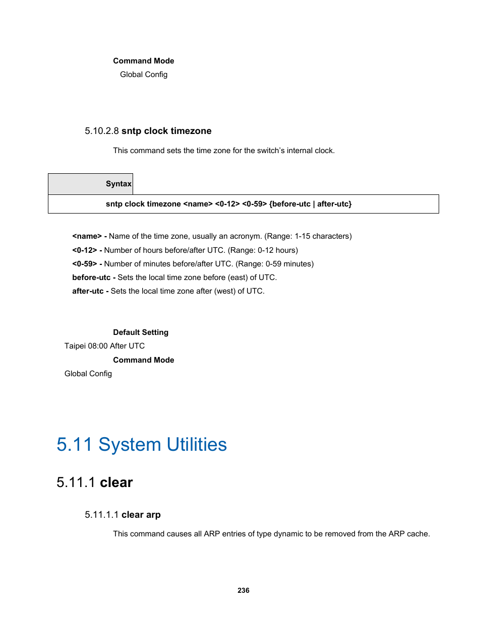 11 system utilities, 8 sntp clock timezone, 1 clear | 1 clear arp | Fortinet MR1 User Manual | Page 236 / 640