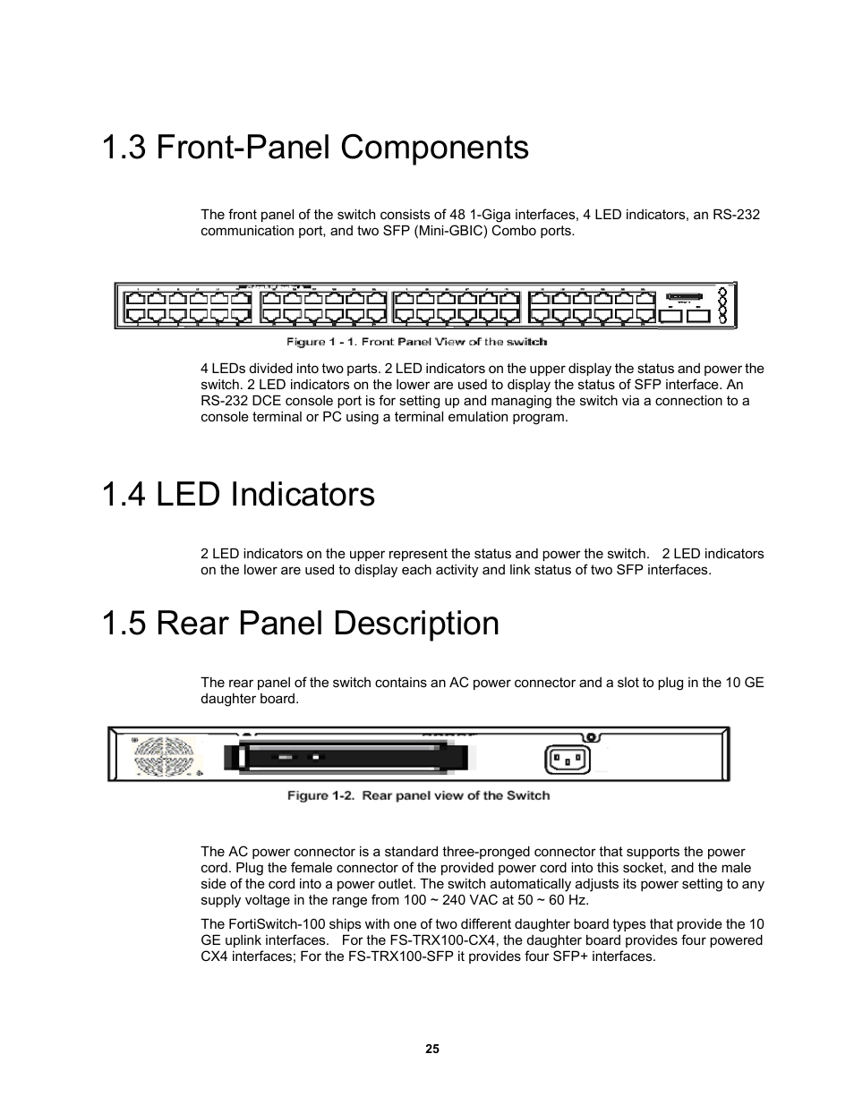 3 front-panel components, 4 led indicators, 5 rear panel description | Fortinet MR1 User Manual | Page 25 / 640