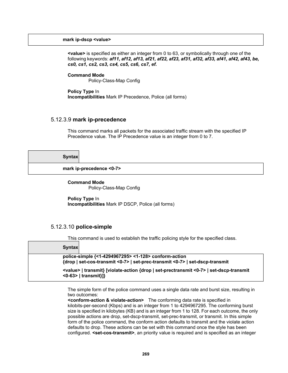 9 mark ip-precedence, 10 police-simple | Fortinet MR1 User Manual | Page 269 / 640