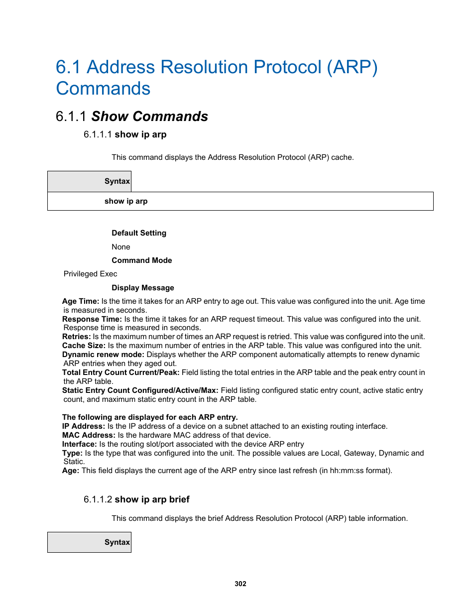 1 address resolution protocol (arp) commands, 1 show commands, 1 show ip arp | 2 show ip arp brief | Fortinet MR1 User Manual | Page 302 / 640