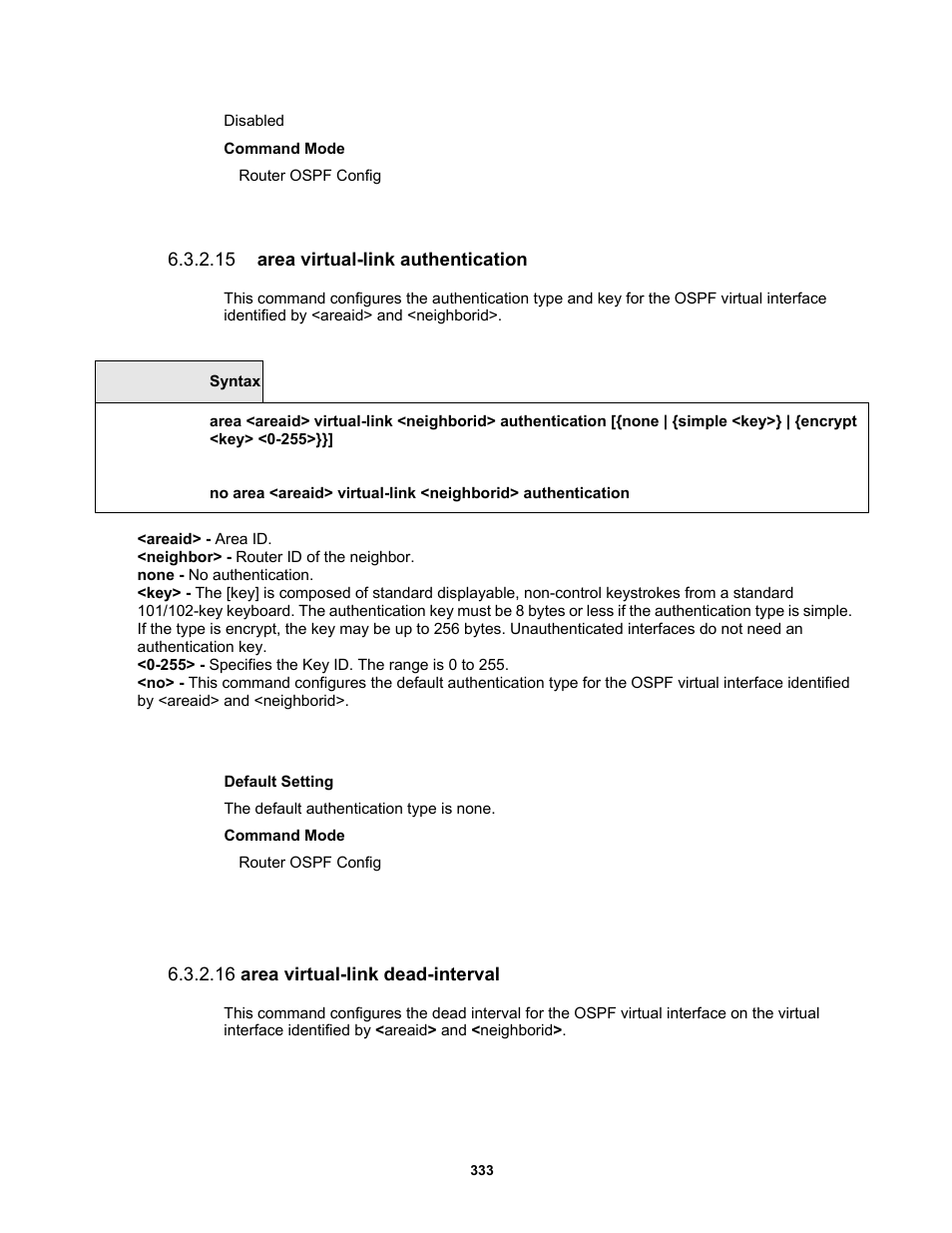 15 area virtual-link authentication, 16 area virtual-link dead-interval | Fortinet MR1 User Manual | Page 333 / 640