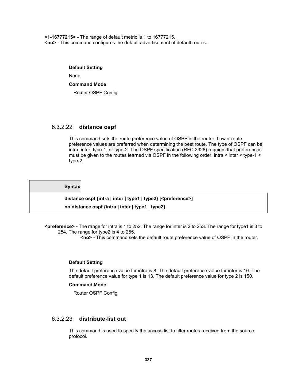 22 distance ospf, 23 distribute-list out | Fortinet MR1 User Manual | Page 337 / 640