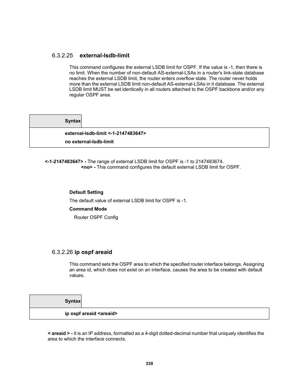 25 external-lsdb-limit, 26 ip ospf areaid | Fortinet MR1 User Manual | Page 339 / 640