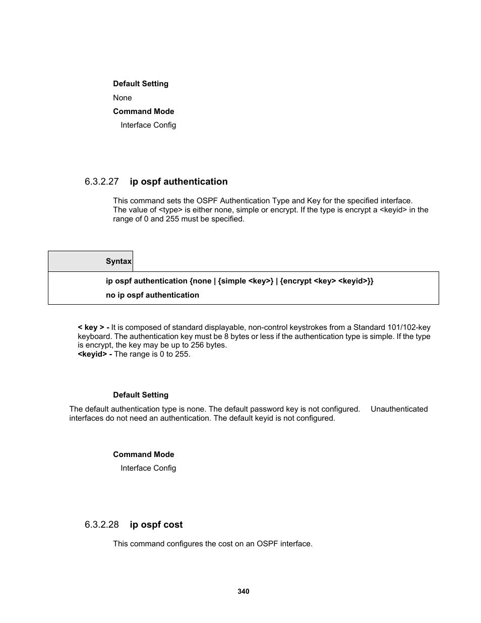 27 ip ospf authentication, 28 ip ospf cost | Fortinet MR1 User Manual | Page 340 / 640