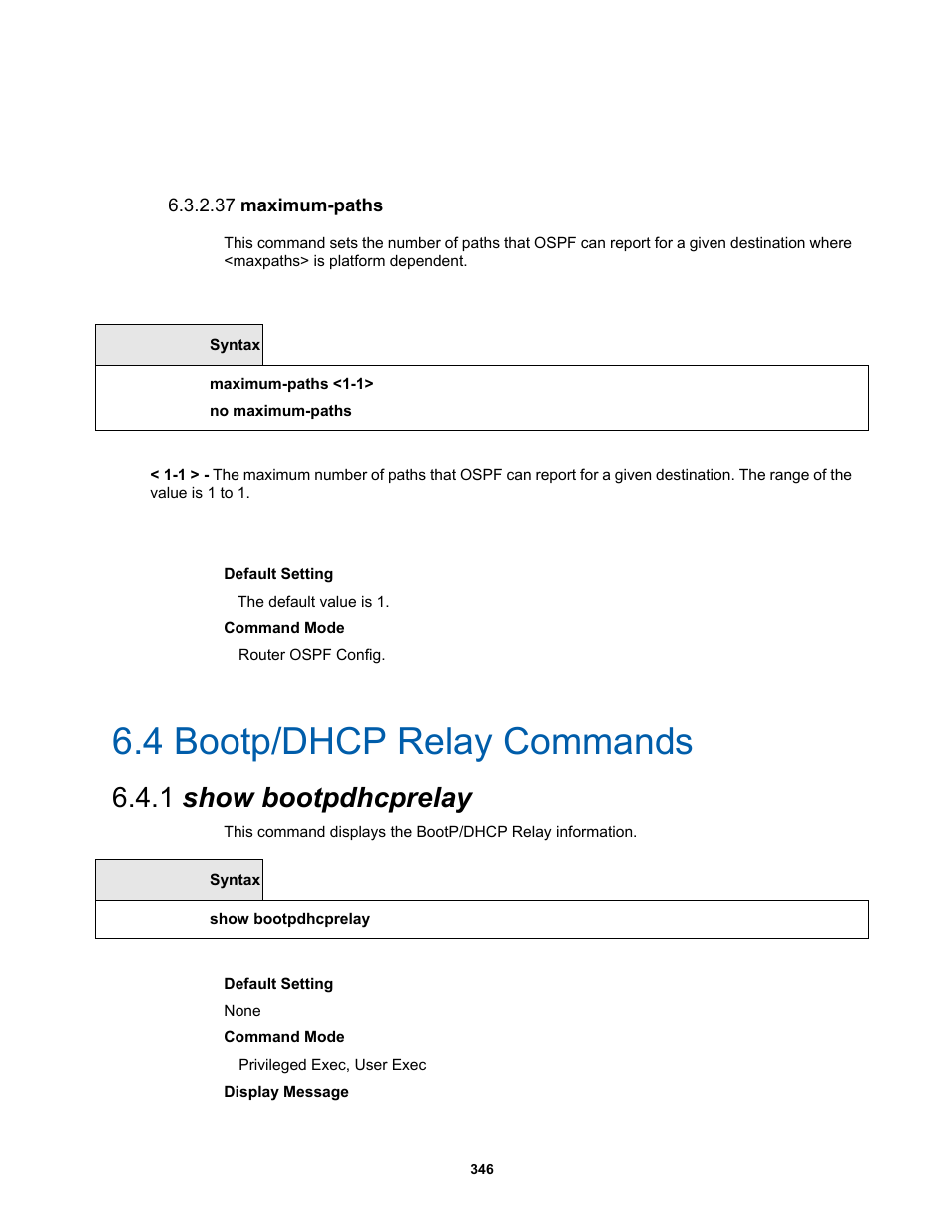 4 bootp/dhcp relay commands, 1 show bootpdhcprelay, 37 maximum-paths | Fortinet MR1 User Manual | Page 346 / 640