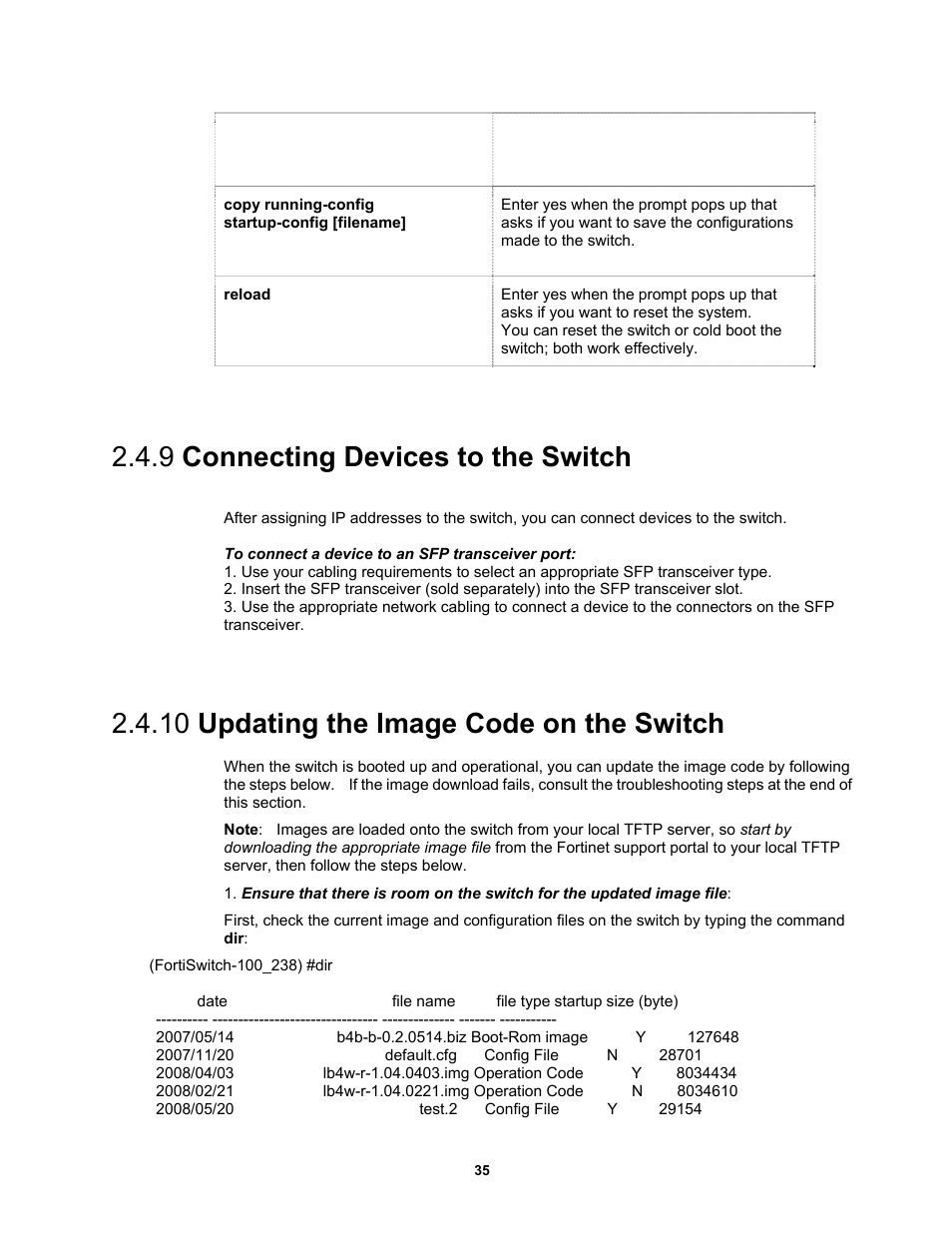 9 connecting devices to the switch, 10 updating the image code on the switch | Fortinet MR1 User Manual | Page 35 / 640