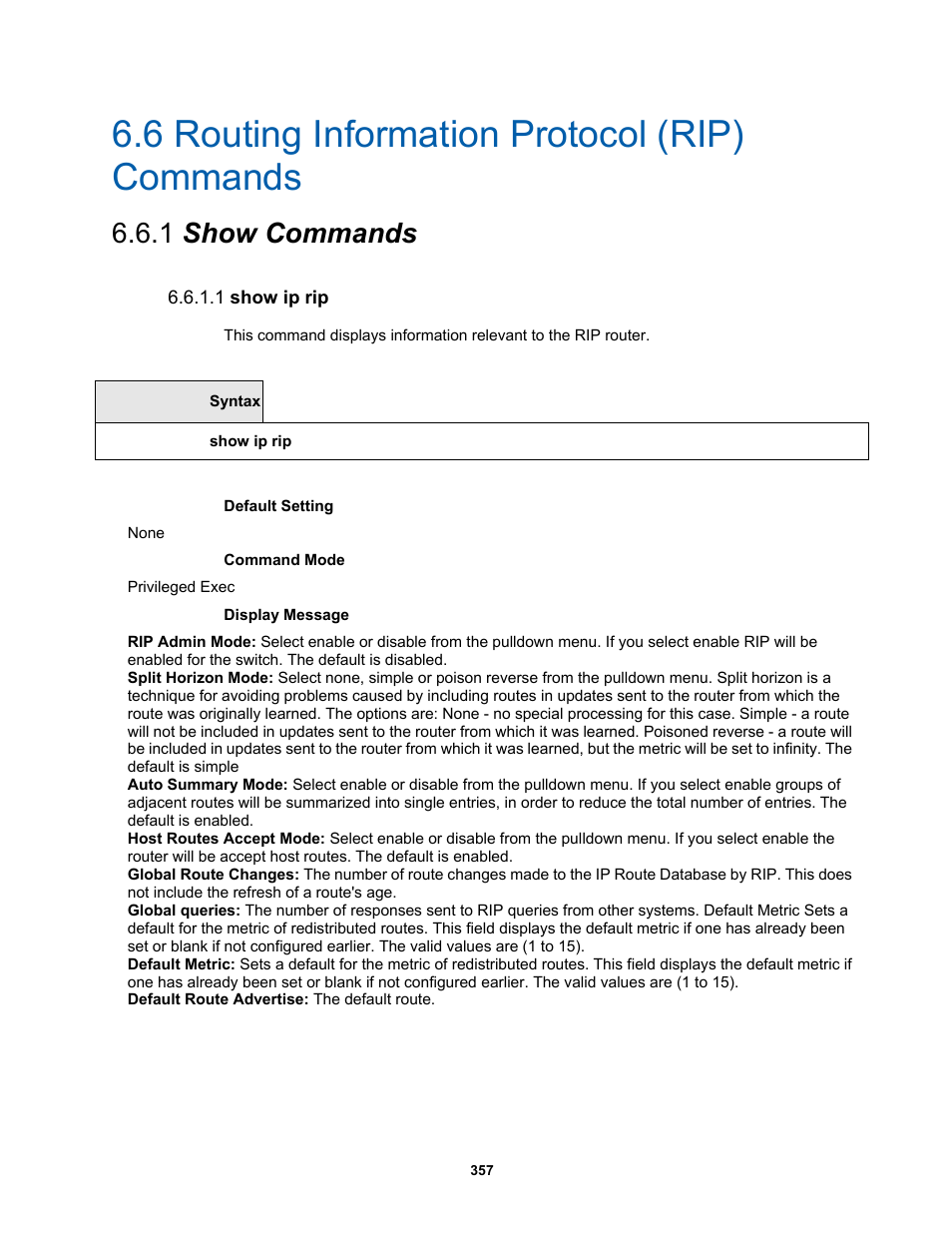 6 routing information protocol (rip) commands, 1 show commands, 1 show ip rip | Fortinet MR1 User Manual | Page 357 / 640