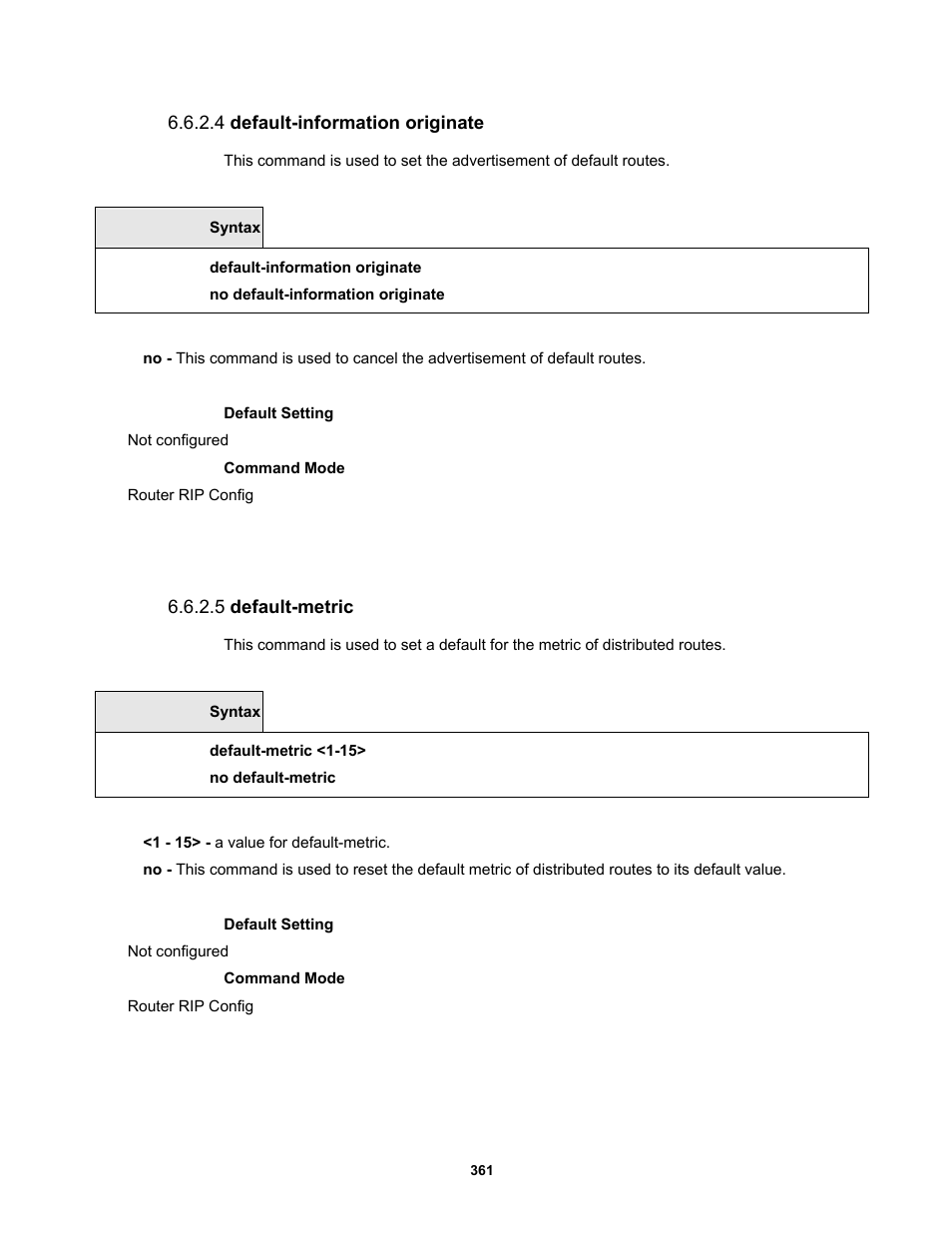 4 default-information originate, 5 default-metric | Fortinet MR1 User Manual | Page 361 / 640