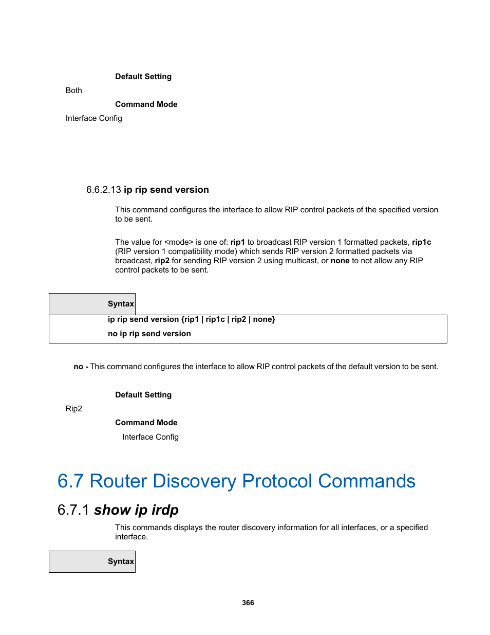 7 router discovery protocol commands, 1 show ip irdp, 13 ip rip send version | Fortinet MR1 User Manual | Page 366 / 640